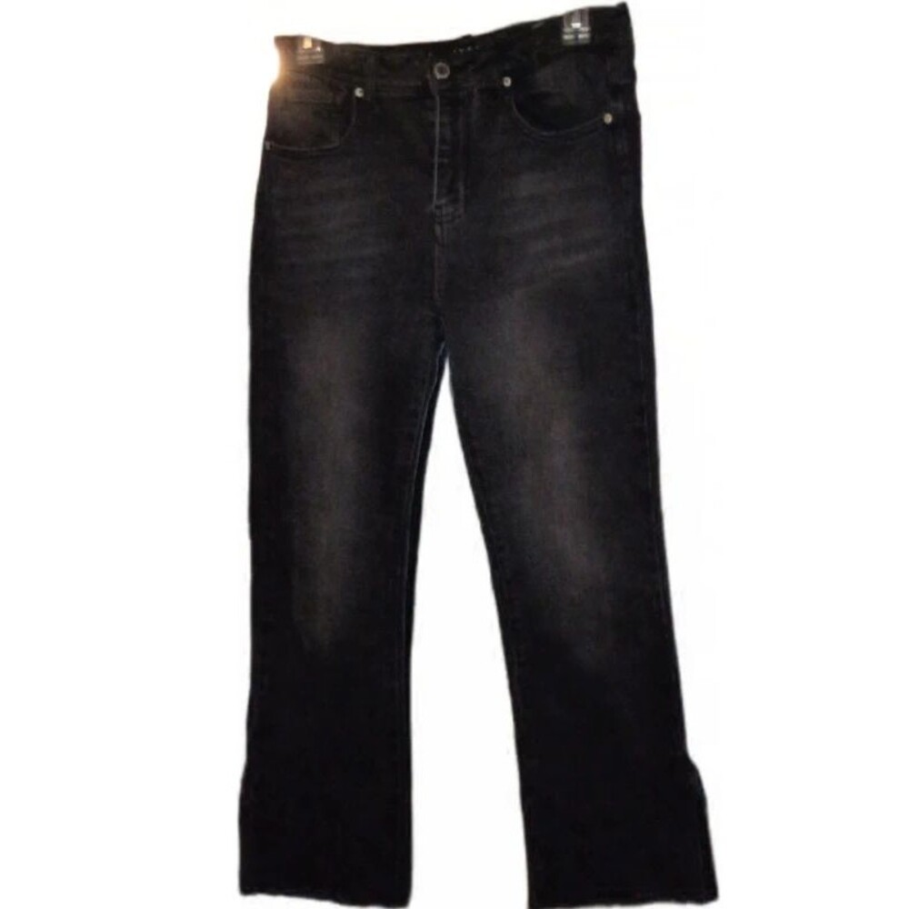 Risen High Rise Black Distressed Kick Flare Side Slit Jeans 3 / W26